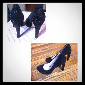 Nine West Suede Black Pumps with Jeweled Heels